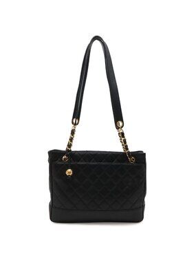Chanel Quilted Cocobol Chain Tote Shoulder Bag Lambskin Leather Black Gold